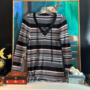 Striped Long Sleeve Top - Ribbed Black and Pink M